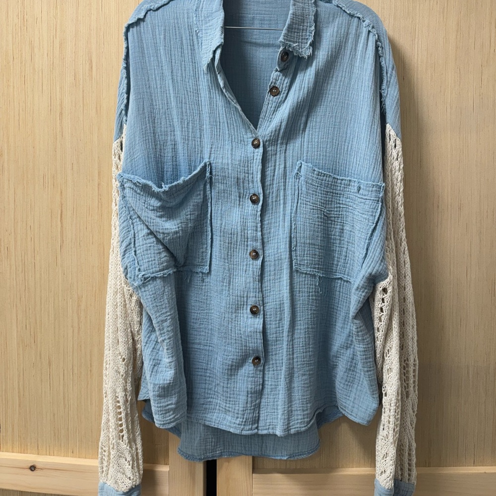 POL Light Blue Oversized Button-Down Shirt with Knit Sleeves